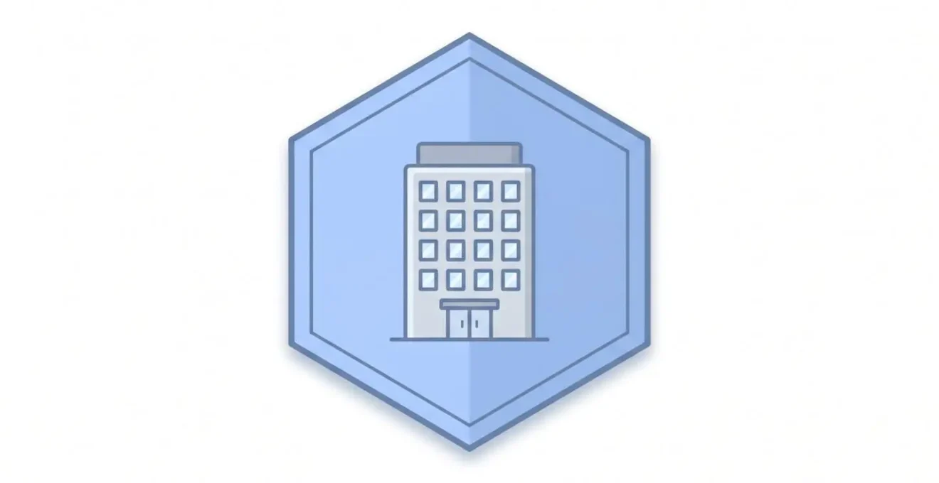 Un bouclier bleu translucide flotte au-dessus d'une icône d'entreprise stylisée, représentant la protection d'assurance.