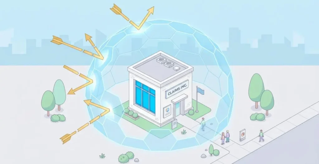 Un bouclier translucide protège un bâtiment d'entreprise des flèches de réclamations, symbolisant la responsabilité civile professionnelle.